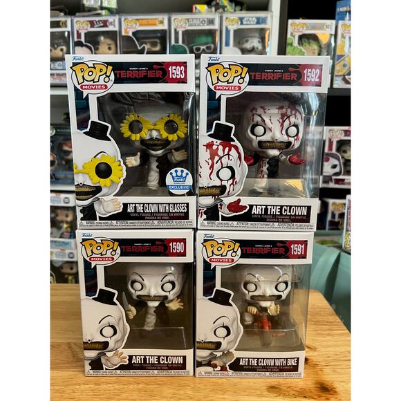 4 Terrifier Funko Pops EXCLUSIVE Art Clown Glasses Bike Bloody Bicycle 1593 1592 - Picture 1 of 1